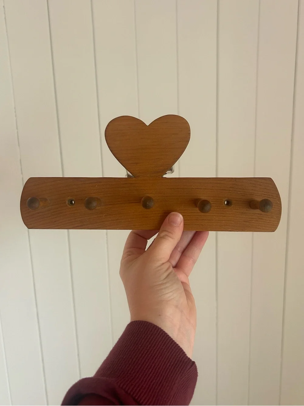 Vintage Wooden Heart Peg Rack 5 Hook Wall Hanger Cottage Country Decor